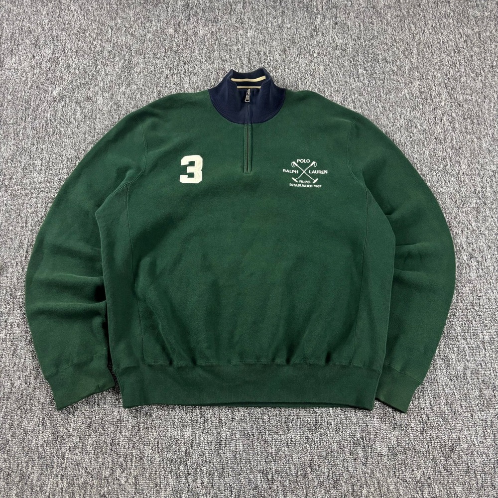 Preppy 90s Vintage Polo Ralph Lauren Quarter Zip Sweater Sweatshirt Green XL
